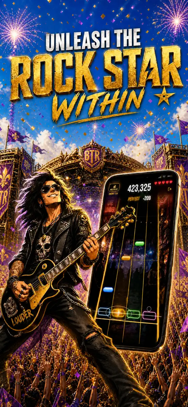 App Store promotional artwork for Born To Rock, showing a guitarist on a stage and a phone with the game on screen.
