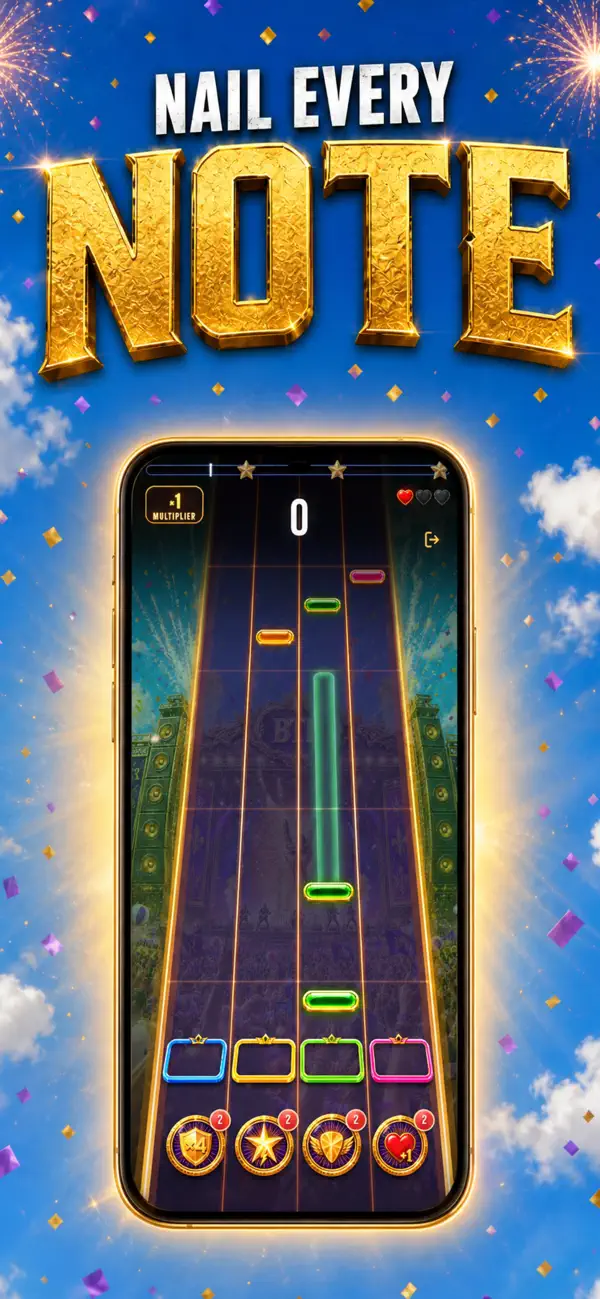 App Store promotional artwork for Born To Rock, showing a phone with note lanes and colored input buttons.