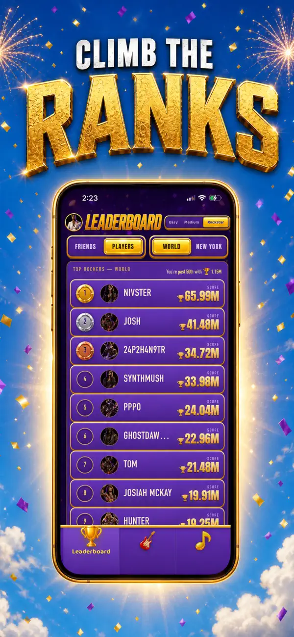 App Store promotional artwork for Born To Rock, showing a phone with a leaderboard screen.