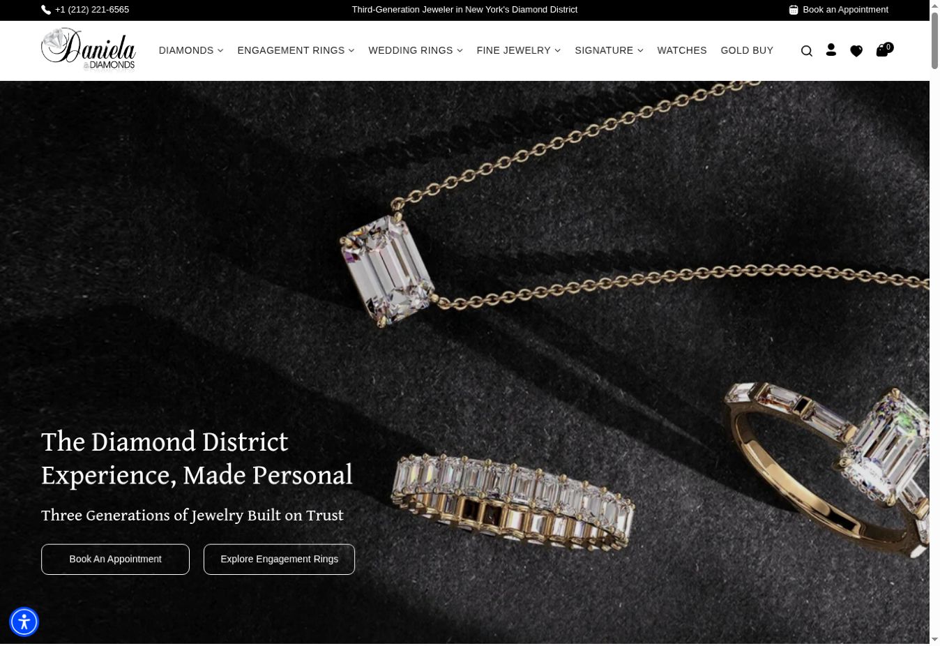 Public Daniela Diamonds homepage with the brand name, jewelry photography, and collection navigation.
