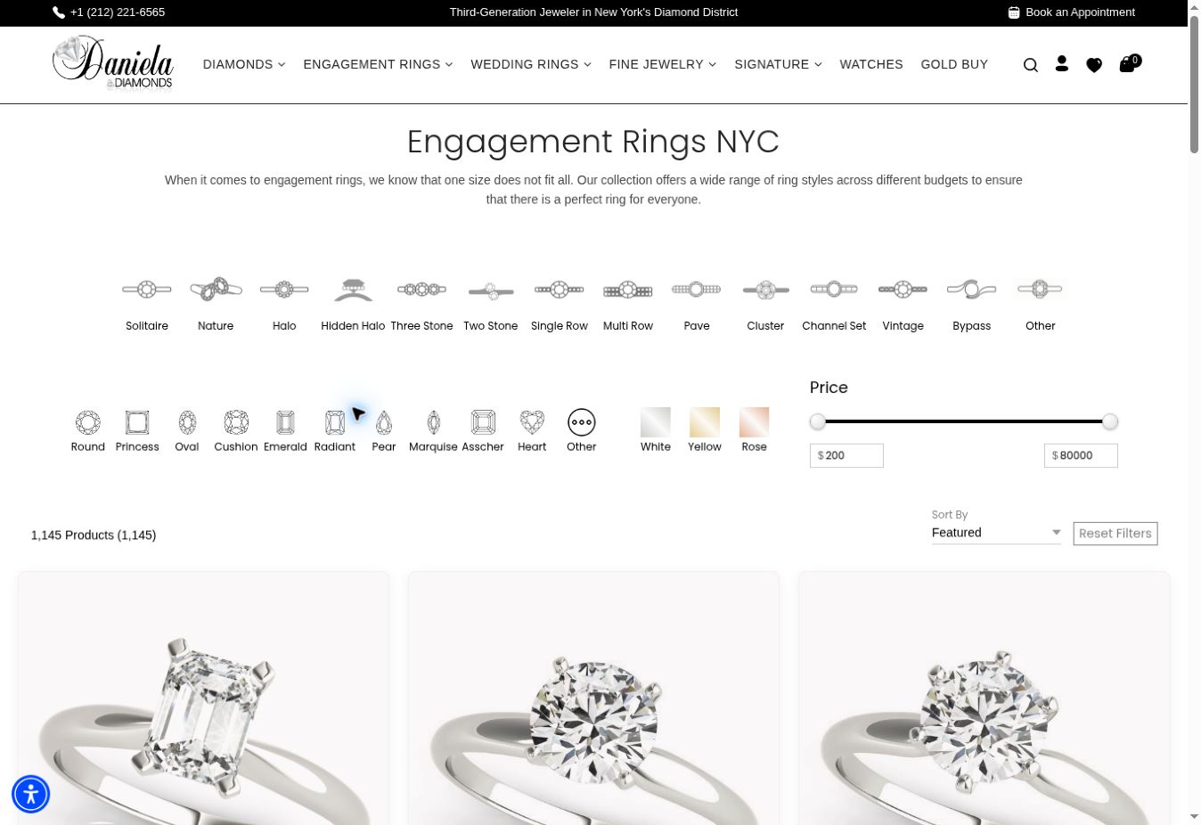 Public Daniela Diamonds engagement ring page with style and shape controls and a grid of rings. Visible storefront context, not a confirmed catalog system.