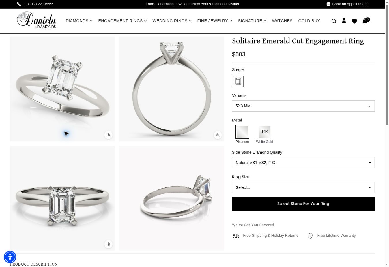 Public Daniela Diamonds product page showing a solitaire ring, metal choices, and size selection. Visible product interface, not a confirmed checkout.