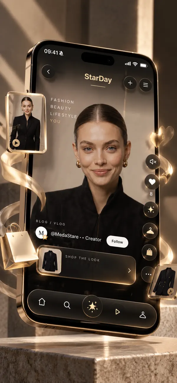 App Store promotional screenshot of the MedaStaré StarDay creator content feed. Not a capture from an installed app.