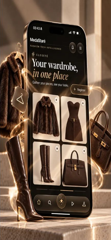 App Store promotional screenshot of the MedaStaré Closeté digital wardrobe. Not a capture from an installed app.