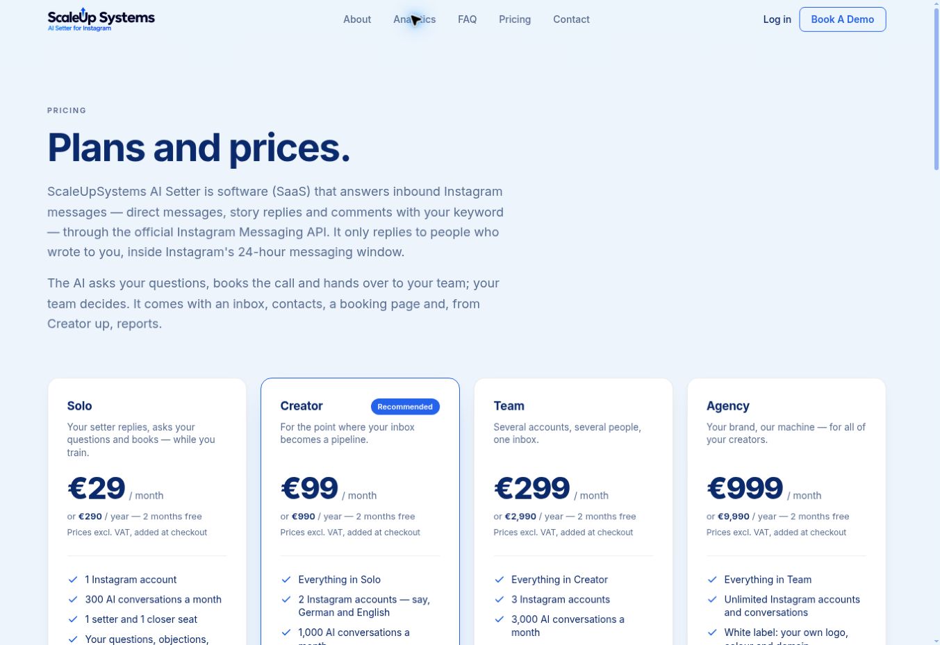Public ScaleUp Systems subscription pricing page.