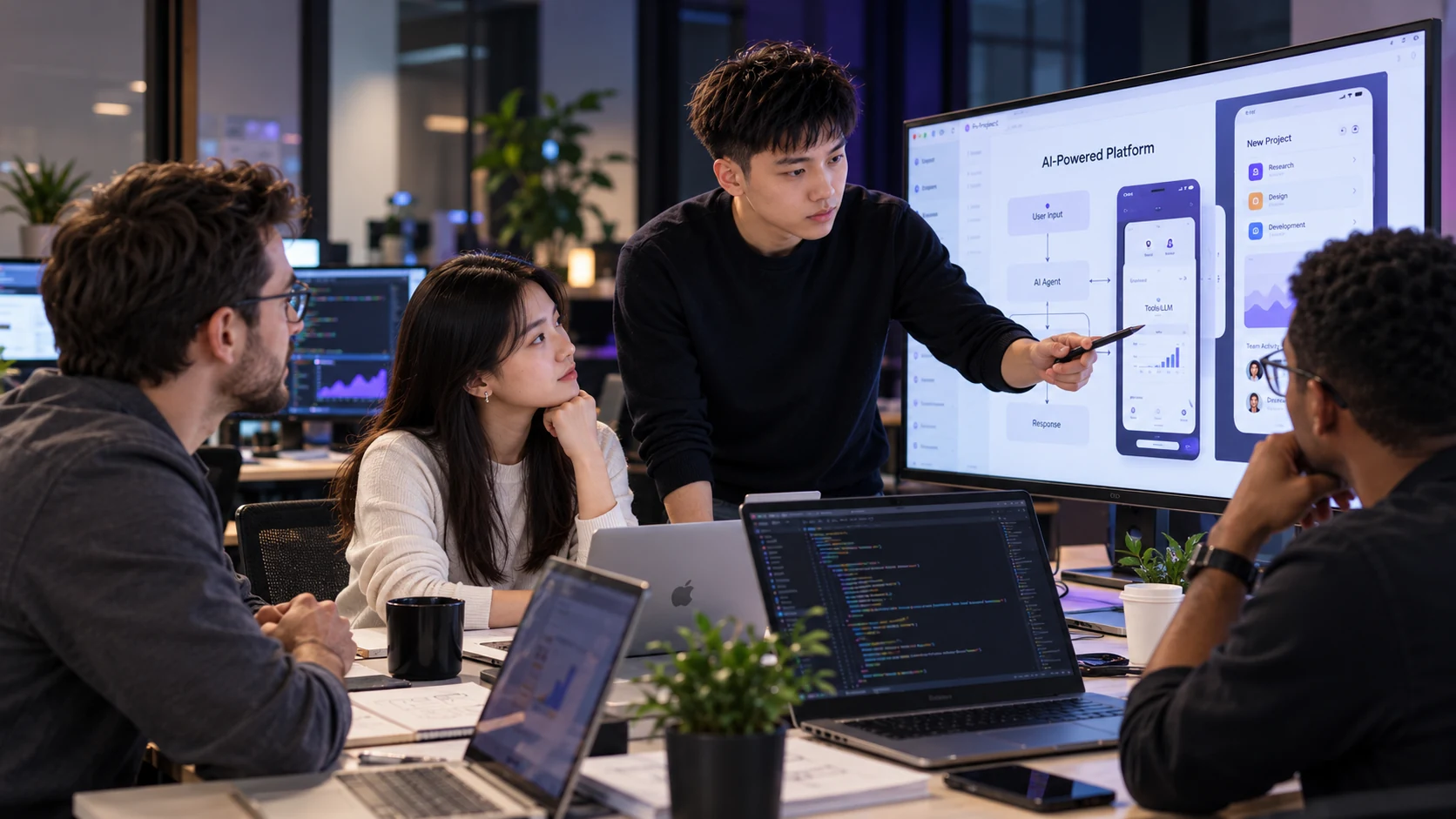 Illustrative scene of colleagues collaborating during ai product workflow evaluation