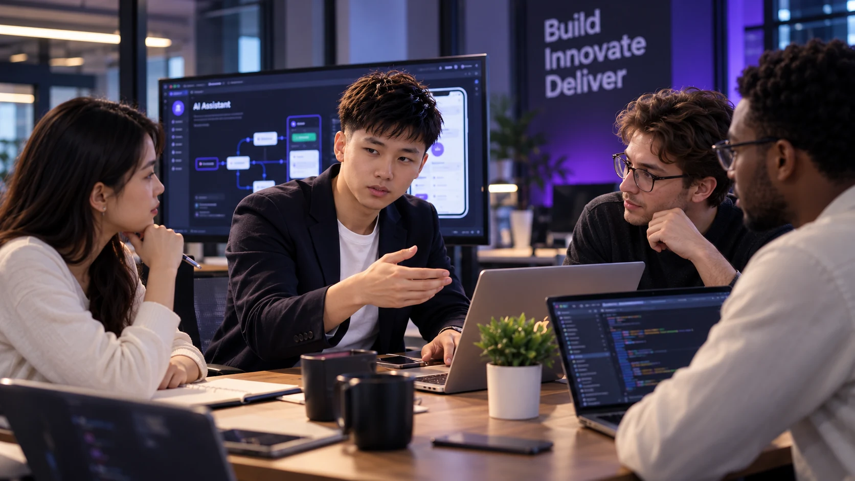 Illustrative scene of colleagues collaborating during ai assistant integration review