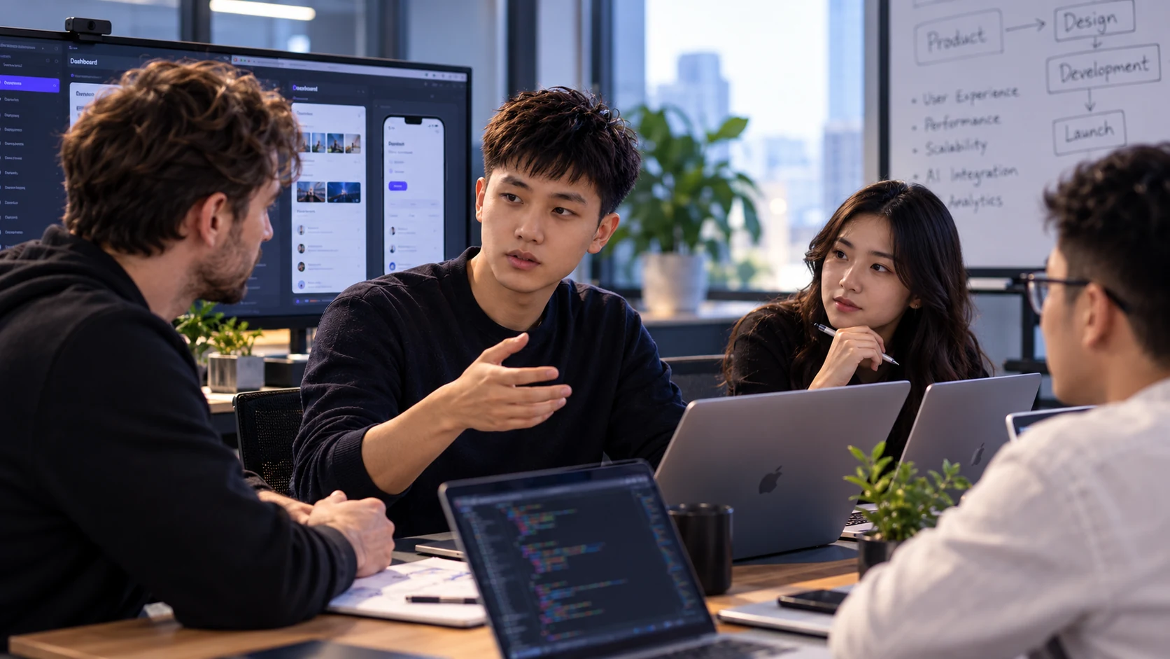 Illustrative scene of colleagues collaborating during mobile application team critique