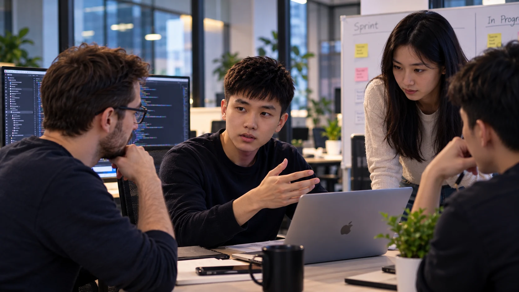 Illustrative scene of colleagues collaborating during ux review with engineering team